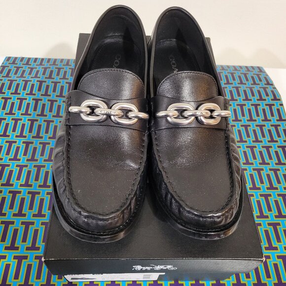 COACH Jess Black Leather Silver Chain Loafers Size 8.5 - Picture 2 of 12